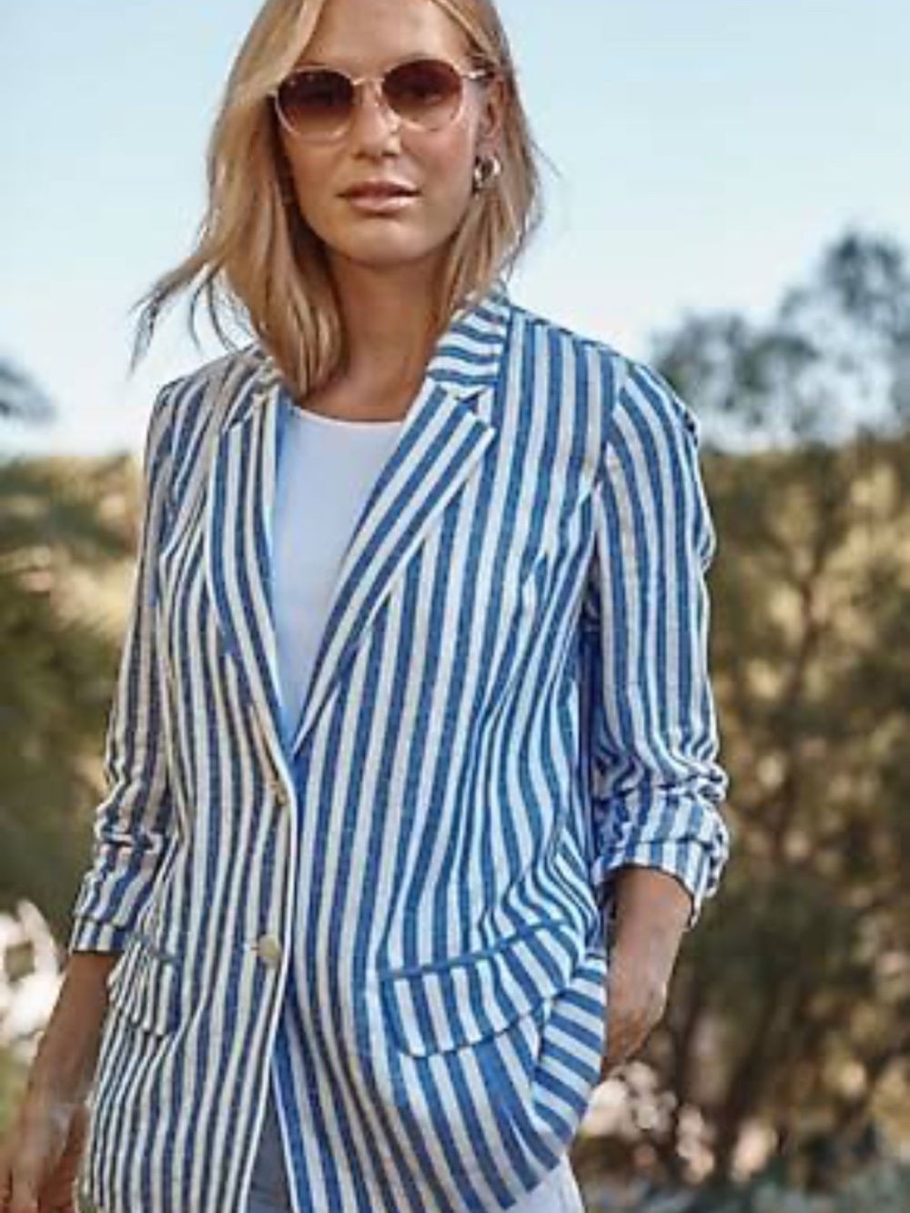 J.Jill Blue Striped Linen Blazer Size L NWT